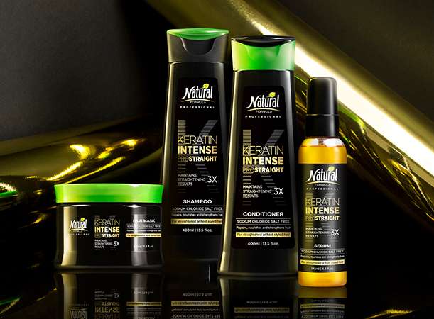 Four bottles of the Kratin Intense Series: hair mask, shampoo, conditioner and serum