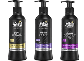 Three bottles of Hair Styling Crem Series: Keratin. Glaze and Coconut oil